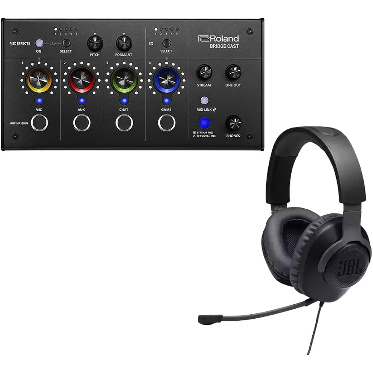 Roland BRIDGECAST + JBL Quantam 100 set PS5 Windows 10 11 Mac iPhone compatible game distribution audio mixer Roland