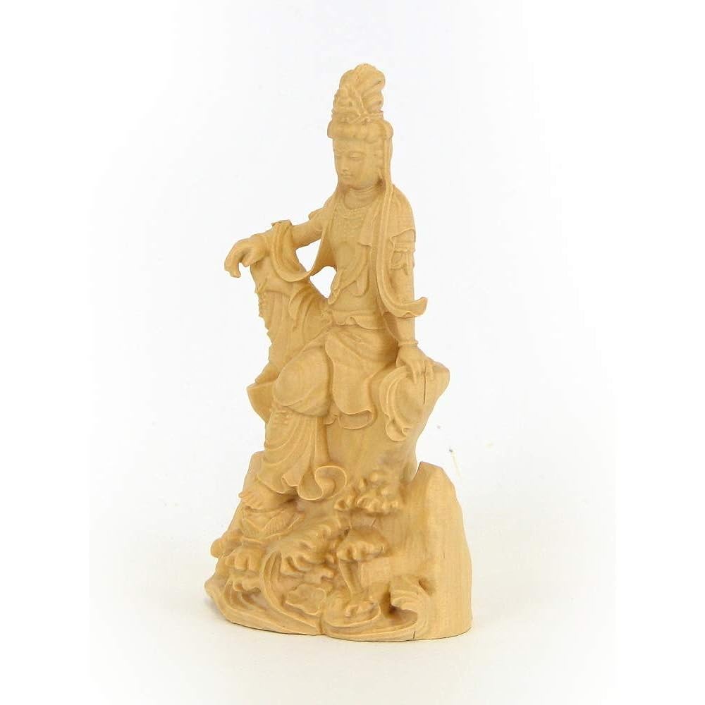 Kurita Special Buddha Statue [Bodhisattva] Mini St. Kannon Free Statue (Total Height 9cm, Width 5cm, Depth 3.5cm) Luxury carving made of water boxwood Namiue Rock Base 8236
