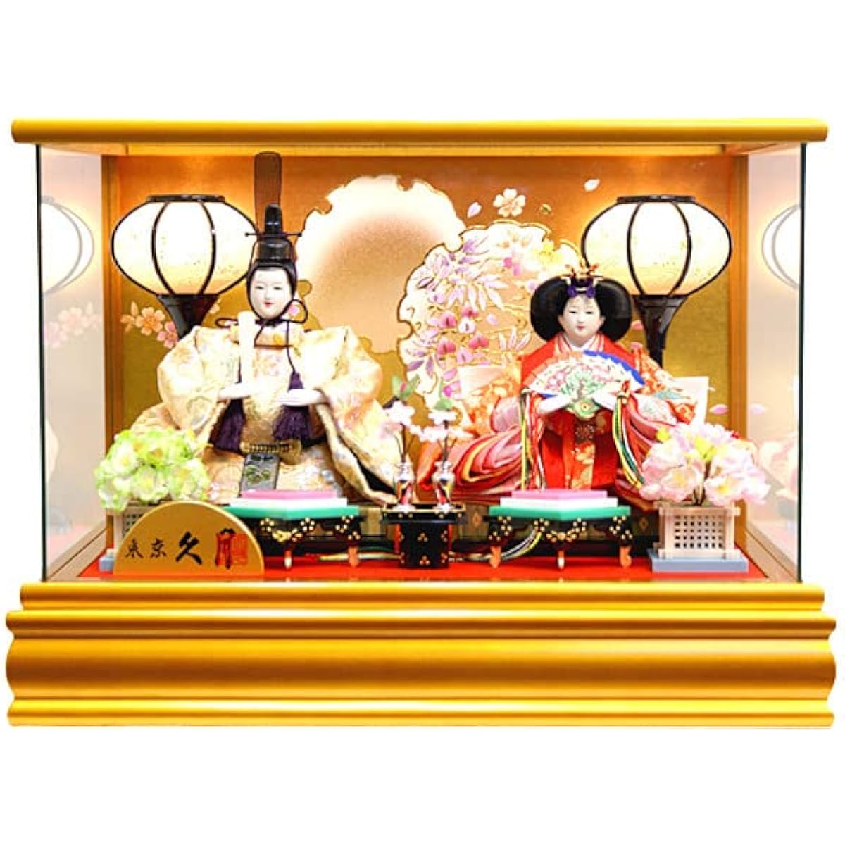 Hina dolls by Kyugetsu, "Yorokobi Hina" two princes and princesses, displayed in a panoramic glass case