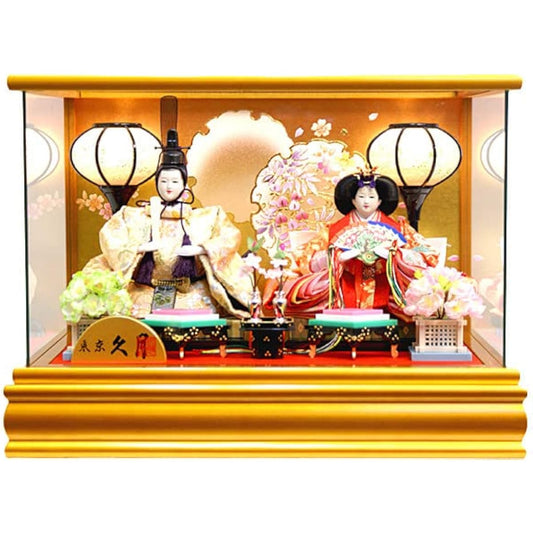 Hina dolls by Kyugetsu, "Yorokobi Hina" two princes and princesses, displayed in a panoramic glass case