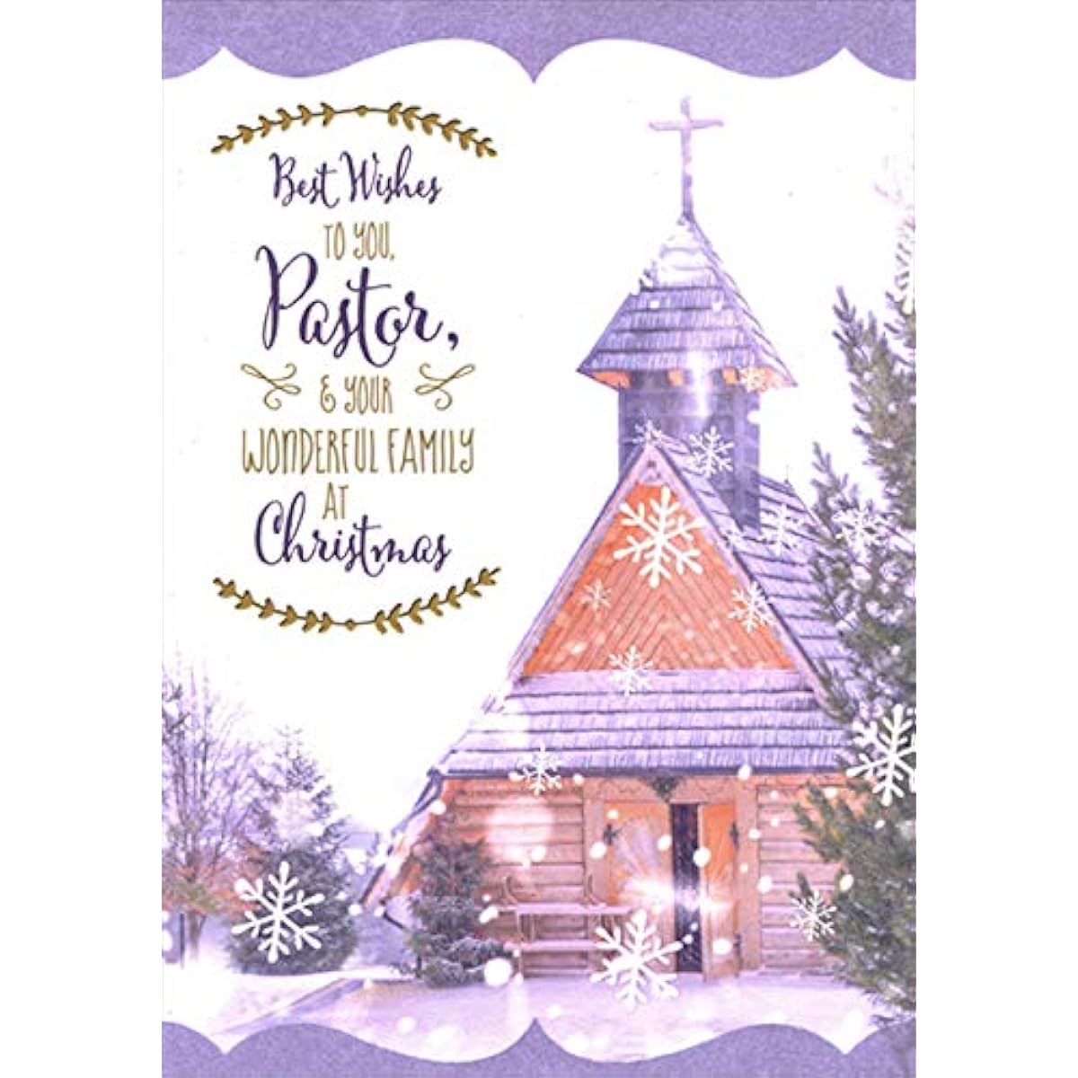 Designer Greetings Purple Church and Evergreen Trees: Falling Snowflakes Pastor and Family Christmas Card