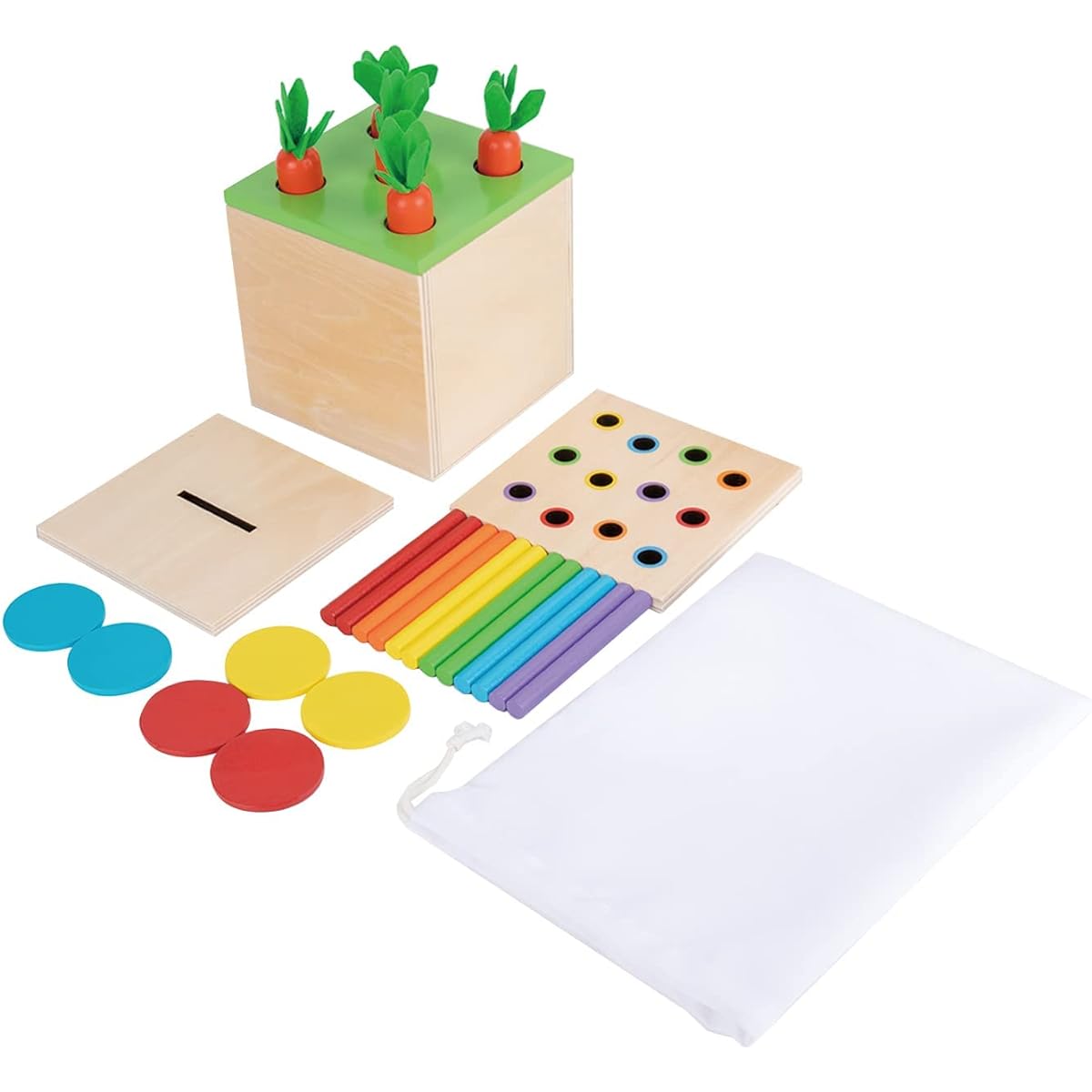 Montessori Toddler Play Kit Montessori Box Toys for 1 Year Old 2 Years Baby Learning Toys Gift Carrot Harvest Game, Matchstick Color Drop Game and Coin Box (3 in 1)