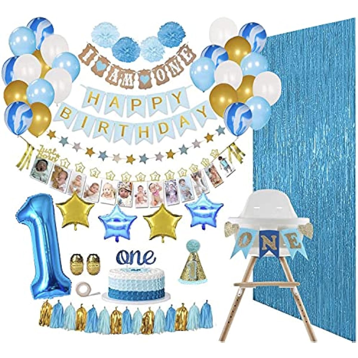 REIGNDROP Boy's First Birthday Decorations Set - First Birthday Party Supplies - Happy Birthday 12 Months Photo I am One Banner - Highchair Decorations - Includes Pom Poms, Balloons, Backdrop, Hats and More