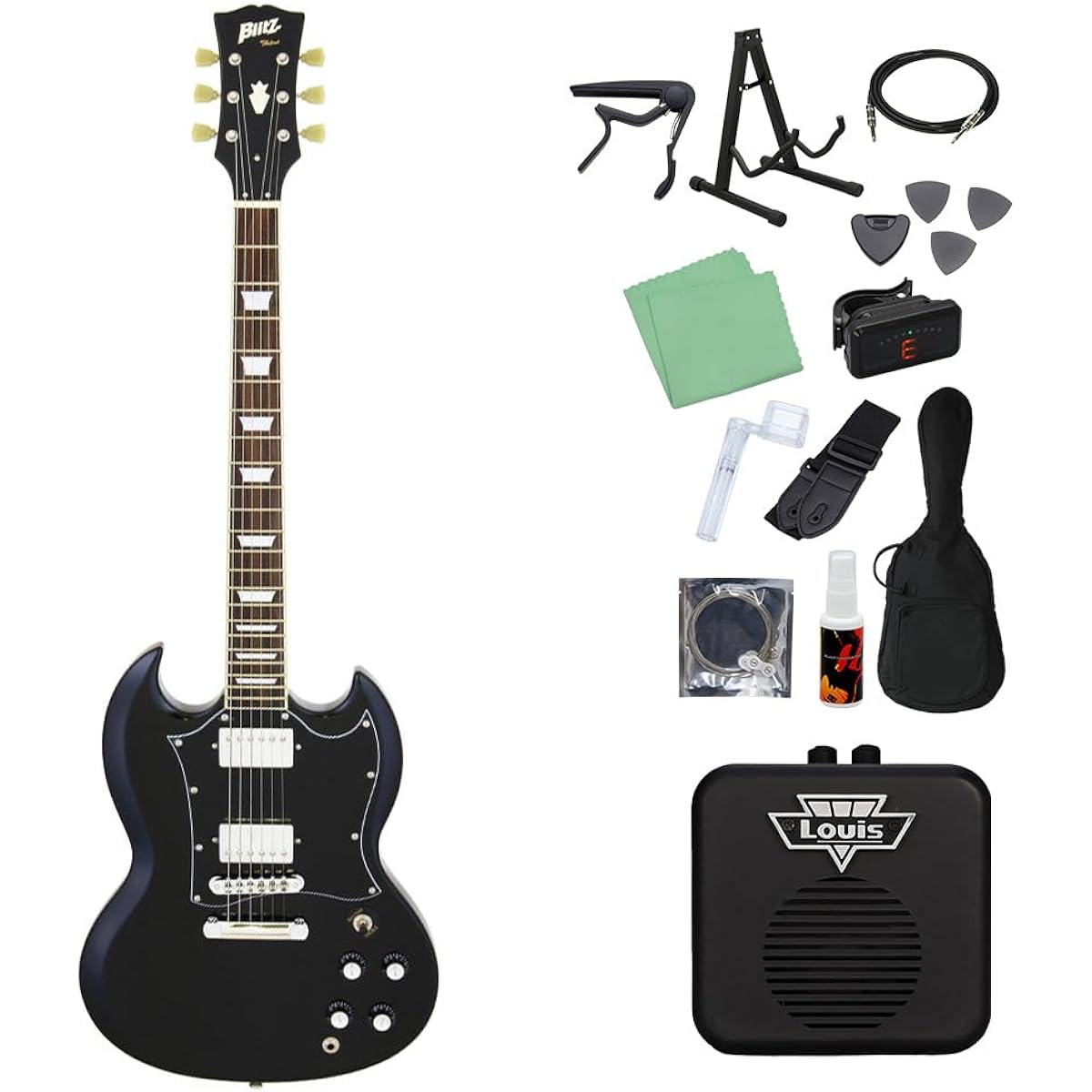 Blitz by AriaProII BSG-STD BK Electric guitar beginner 14-piece set [with mini amp] SG type Black Blitz