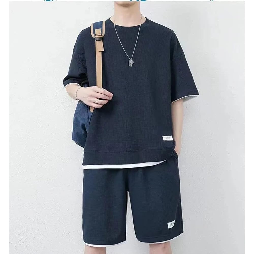 [SEGANUP] Setup Men's Summer Jersey Large Size Sweatshirt Beige Azure Loungewear Top and Bottom Set Sleepwear Room Wear Short Sleeve Shorts Stylish Loose