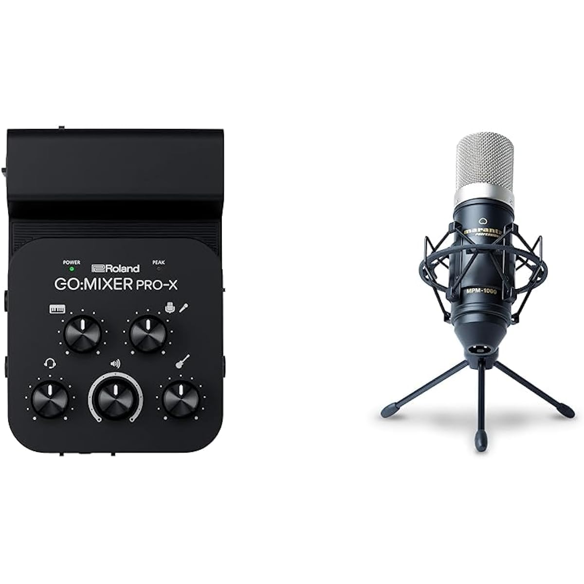 [Set Purchase] Roland Audio Mixer Roland GO:MIXER PRO-X & Marantz Pro Condenser Microphone, Gaming, Streaming, Recording, Unidirectional, Shock Mount, Windscreen, Microphone Stand, XLR Cable Included, 48V Phantom Power MPM-1000