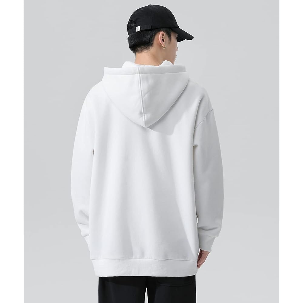 [EASTEMPO] Men's Hoodie, Long Sleeve, Autumn, Sweatshirt, Loose, Pullover Hoodie, Stylish, Plain, For Commuting to Work or School, Large Size (White, XL)