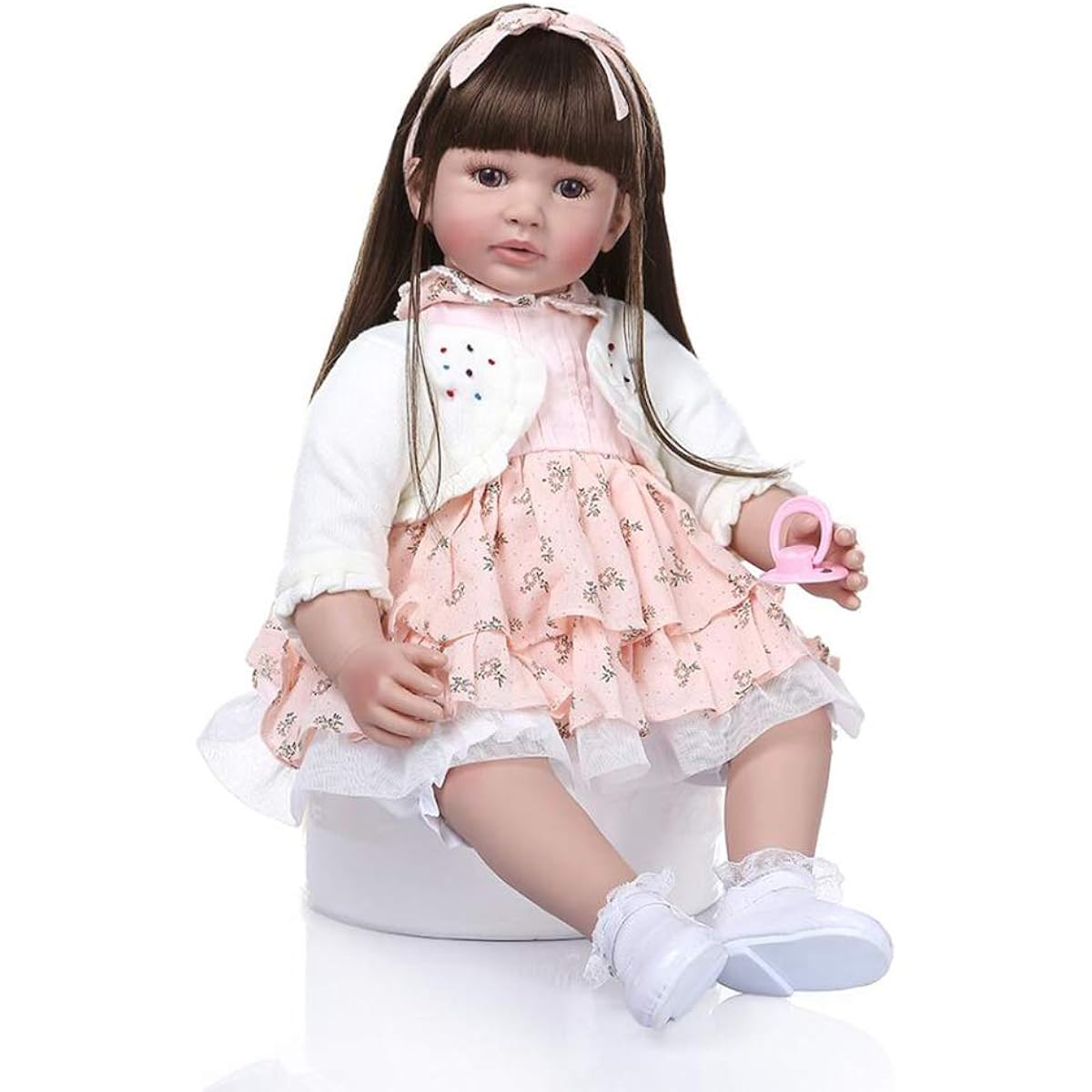 Pinky Reborn Baby Doll 60 Cm Handmade Real Reborn Baby Girls Blonde Curly Hair Realistic Baby Doll Soft Silicone Baby Toy Christmas Gift, Magnetic Mouth