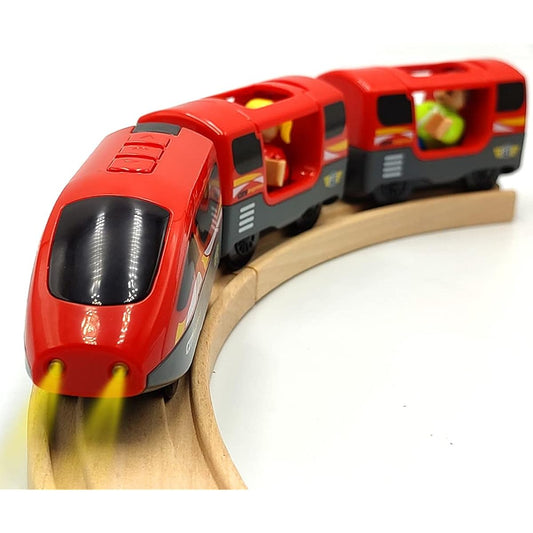 DSHMIXIA Battery Operated Train Wooden Train Track Set Locomotive with Lights for Toddlers 3 4 5 Year Old Boys Red High Speed Magnetic Coupling Passenger (No Batteries)