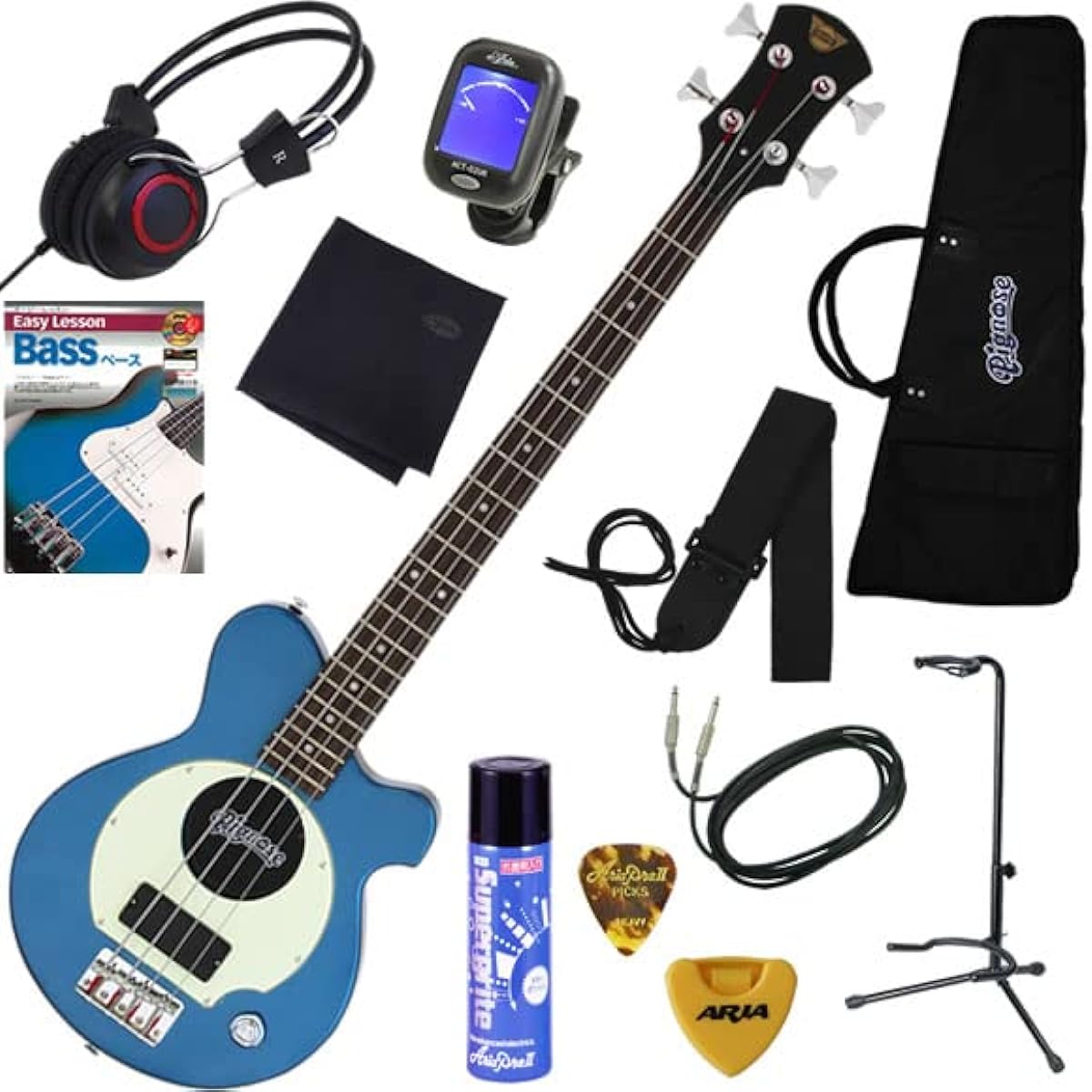 PIGNOSE electric bass guitar with built-in amplifier for beginners, comes with headphones so you can play without worrying about playing at night, complete 12-piece set PGB-200/MBL (metallic blue)