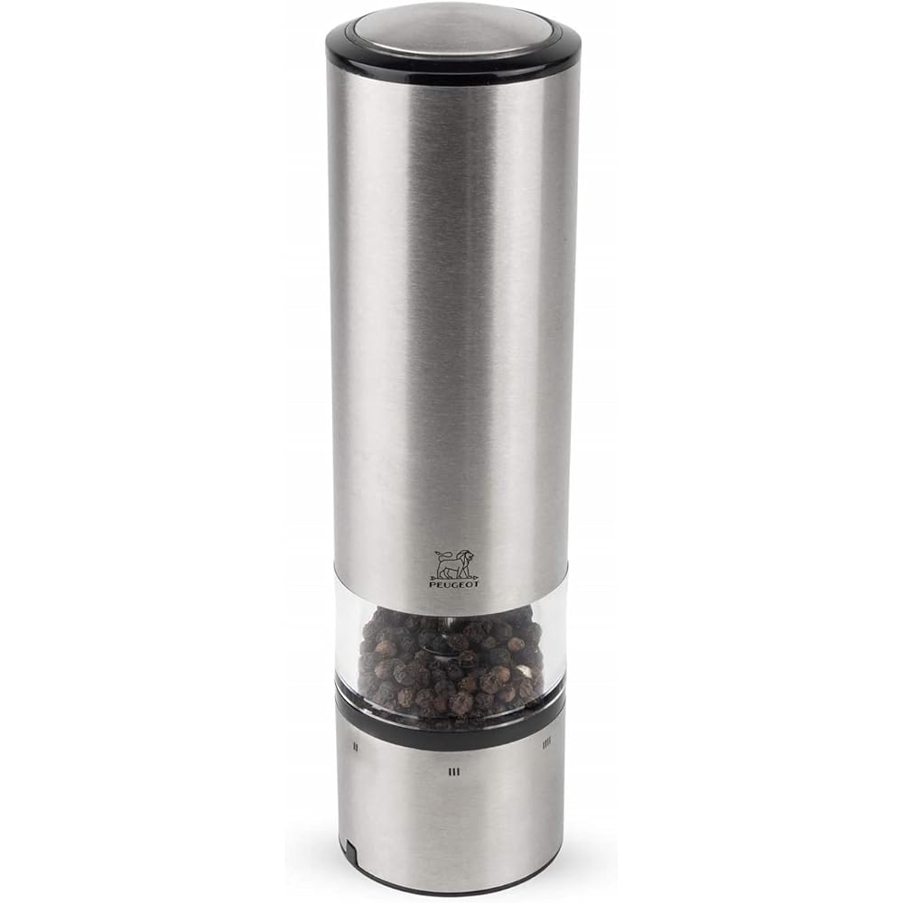 PEUGEOT Mill Electric Salt Mill Coarseness Adjustment Capacity 50g/20cm Tray and Spice Scale Included Made in France Erissens 27179