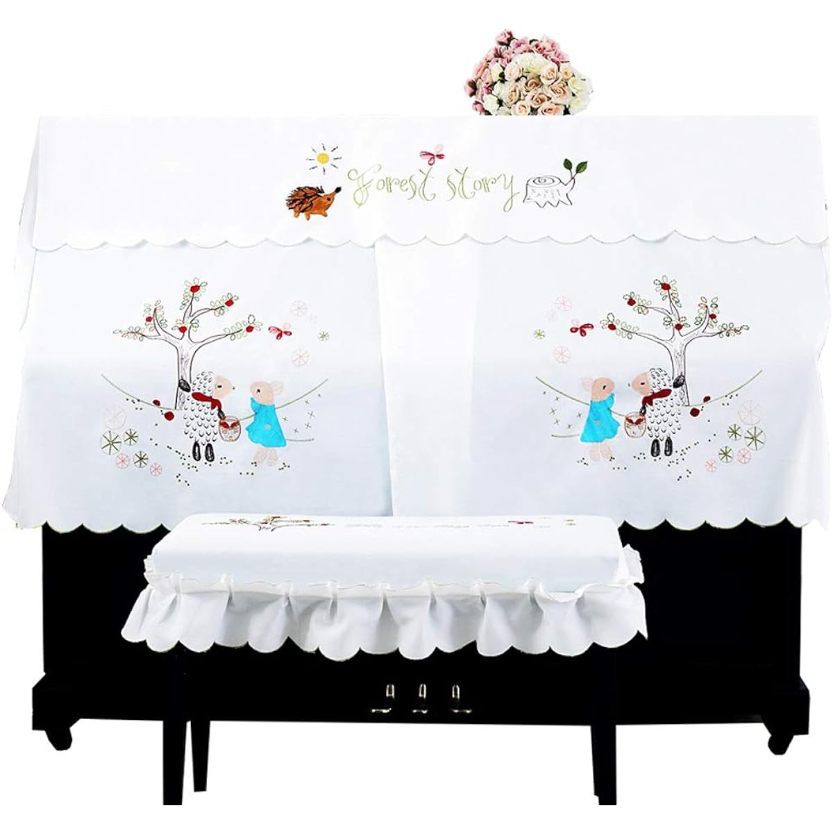 Piano Cover Bench Cover Cloth White Korean Style Classic Piano Half Cover Polyester Fabric Cartoon Piano Dust Cover Luxurious Durable Fabric (Color: White, Size: Double Bench-L)