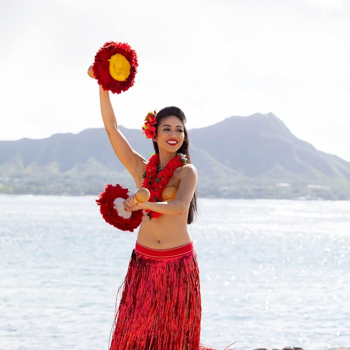Uri Uri Red Yellow Set of 2 Large (Integrated) Hula Instrument Maracas [Aloha Gift Hula Instrument]