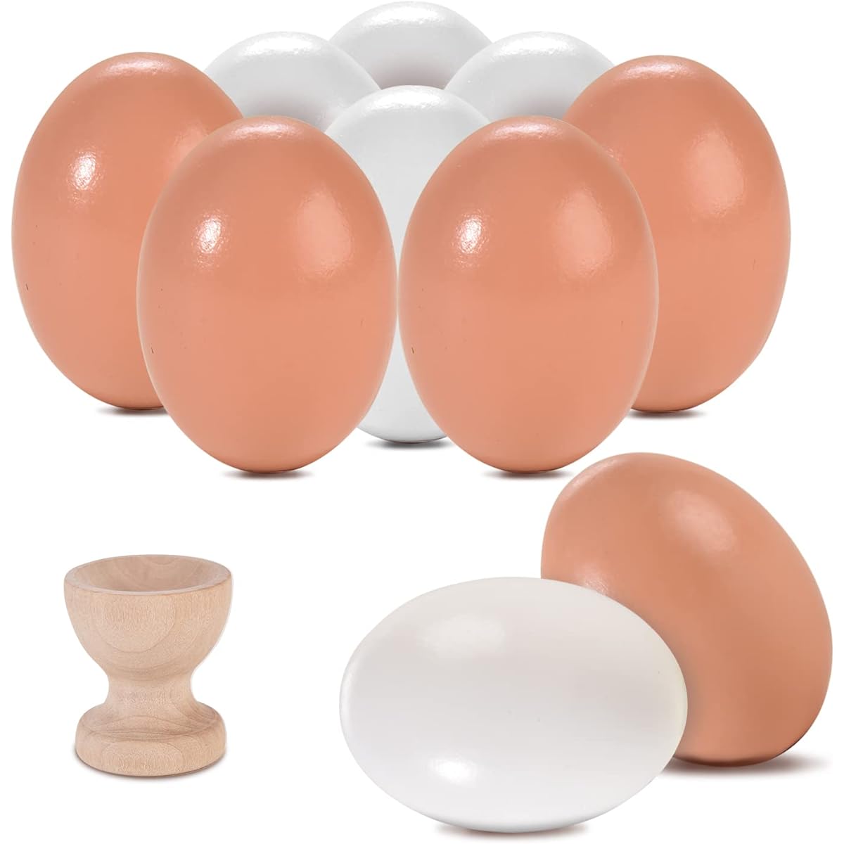 AhfuLife Easter Eggs Wooden Fake Eggs White and Brown Easter Wood Eggs for Kids DIY Paint Easter Egg Hunt Easter Theme Party Favors Basket Fillers (10 Eggs/1 Egg Holder)