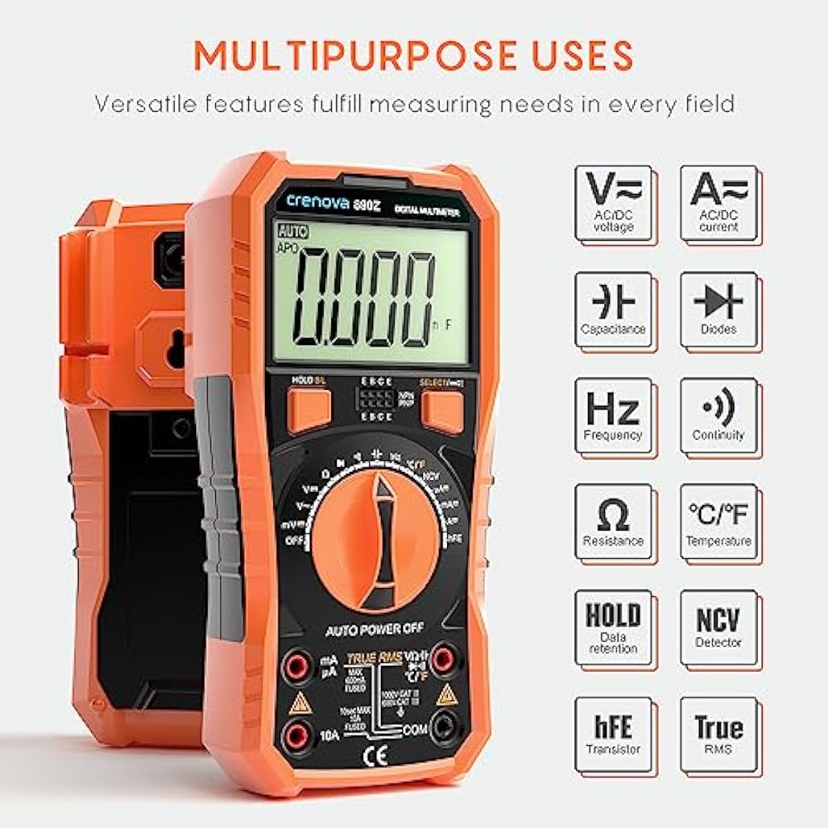 Crenova Digital multimeter, TRMS Voltmeter Ammeter Auto-Range 6000 Counts Ohmmeter, measures voltage capacitance temp resistance with large LCD display and backlight, for Automotive, Electrics