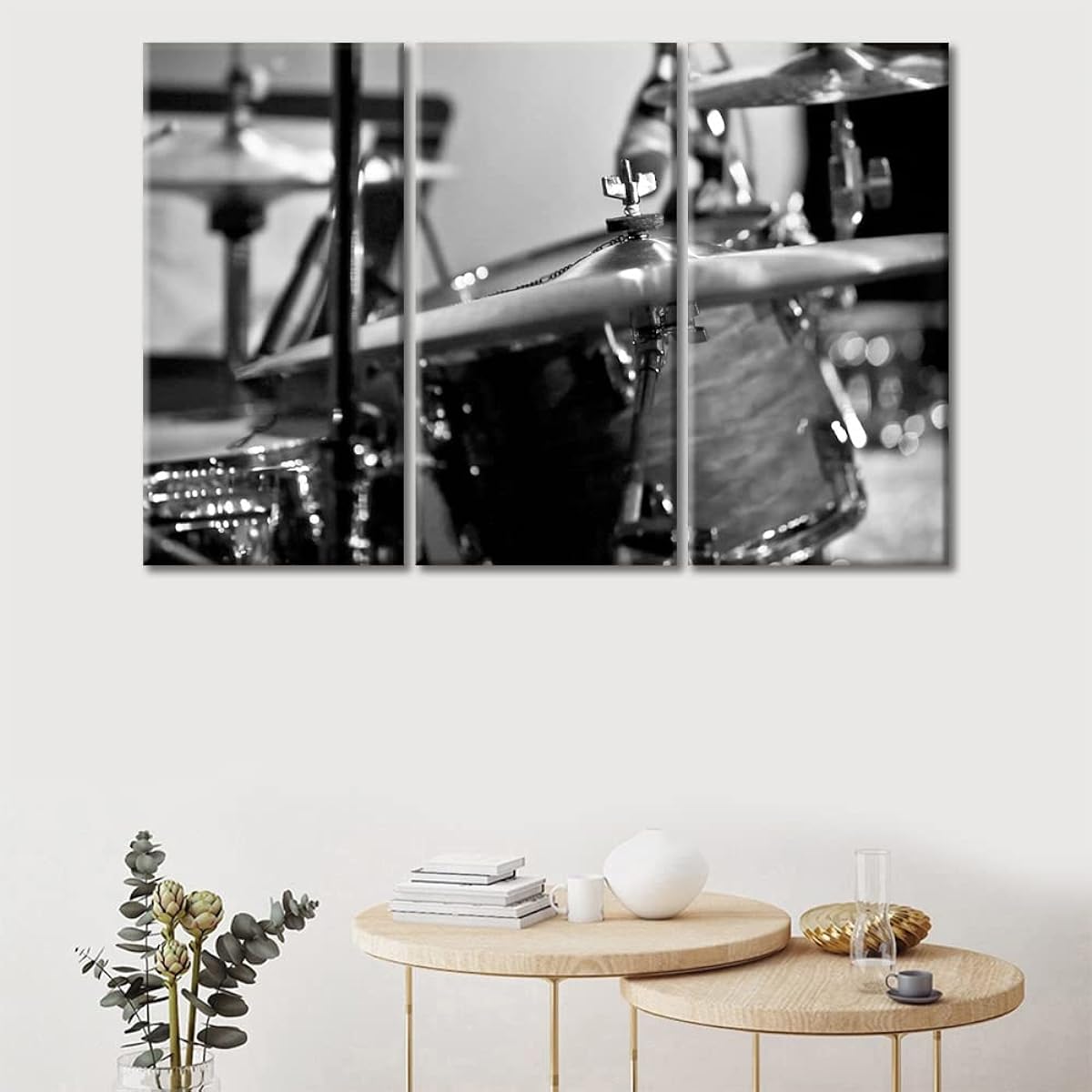 TUMOVO 3 Panel Canvas Wall Art Music Drum Set Jazz Drum Kit Modern Percussion Instruments Home Decor Music Drum Kit Black Wall Art Giclee Picture Stretched Framed Ready to Hang 36"W x 24"H