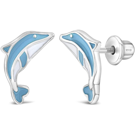 925 Sterling Silver Enamel Color Leaping Dolphin Screw Back Earrings for Young Girls - Beautiful Little Dolphin Screw Backs for Little Girls - Fun and Fashionable Stud Earrings for Kids Accessories
