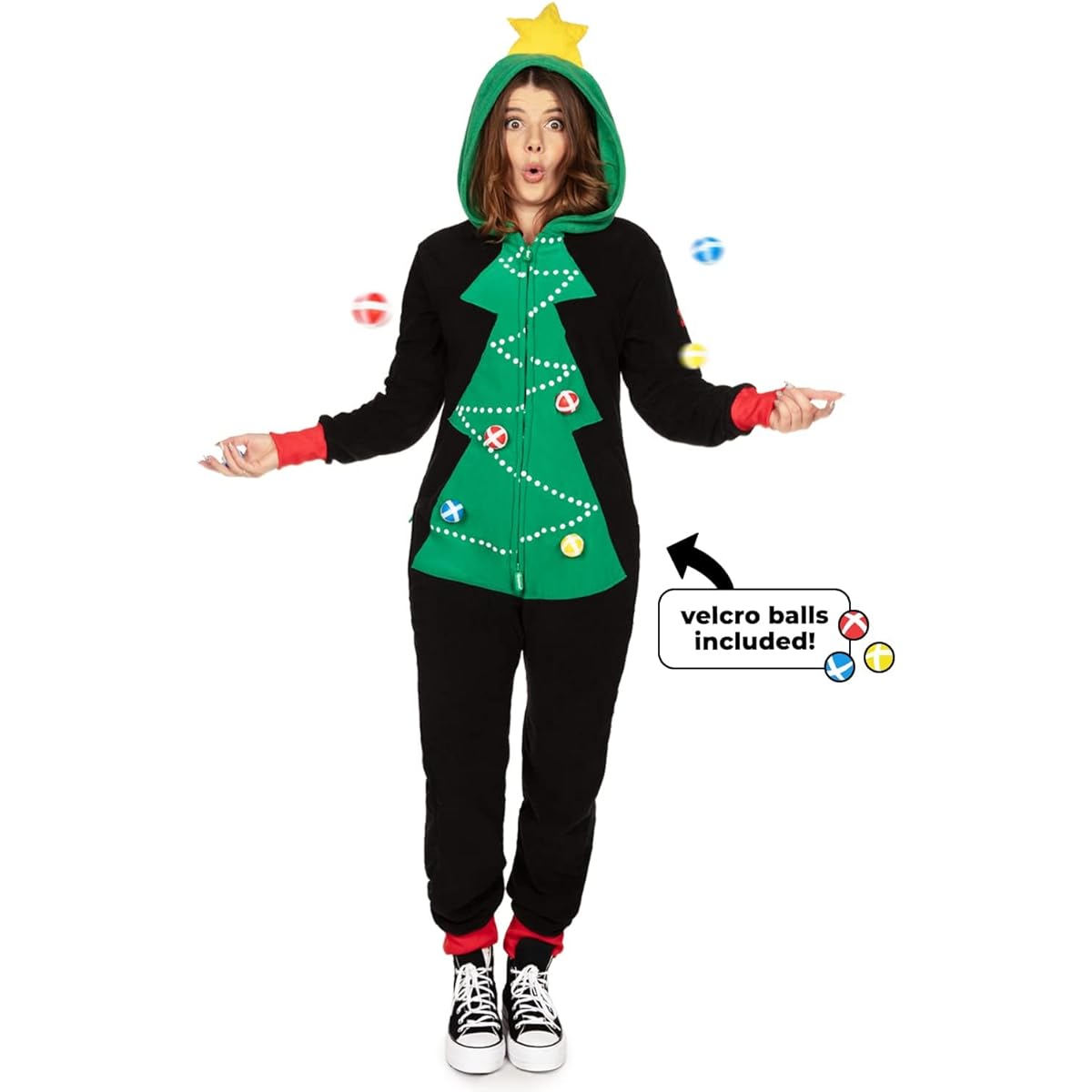 Women's Cozy Christmas Tree Toss Game Jumpsuit - Funny Christmas Tree Game Cozy Onesie