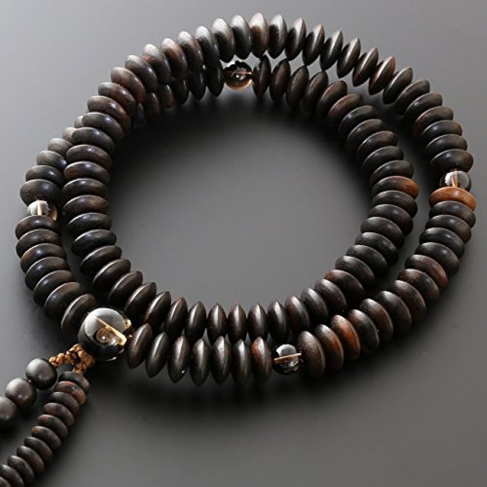 Kyoto Buddhist Altar Hayashi Prayer Beads Tendai Sect Plain Striped Ebony with Brown Crystals (For Men) Official Ceremony [Bead Bag Set] SM-084 Kyoto Prayer Beads