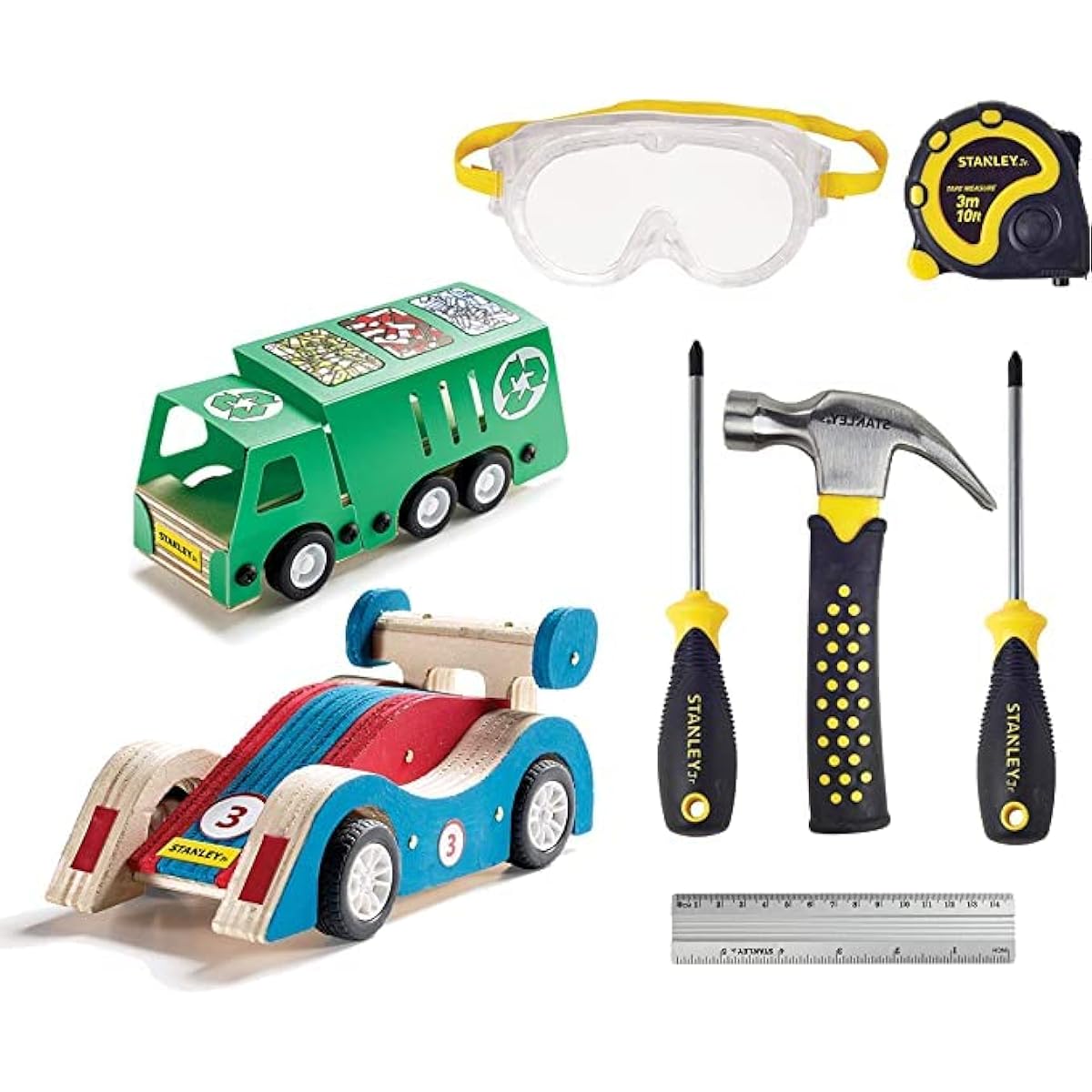 Red Toolbox Stanley Jr - 6 Piece Tool Set with Recycled Truck and Pullback Sports Car Kit