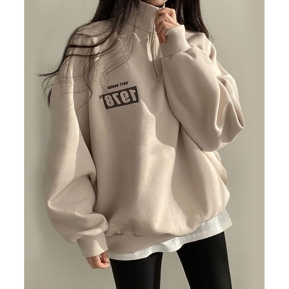 [MIRA MARIV] Made in Korea and imported directly from Korea 1978 Embroidery Half Zip Long Sleeve Oversized Sweatshirt Women's Sweatshirt Fleece Lined Top Casual Loose Stylish Winter Large Size Body Cover