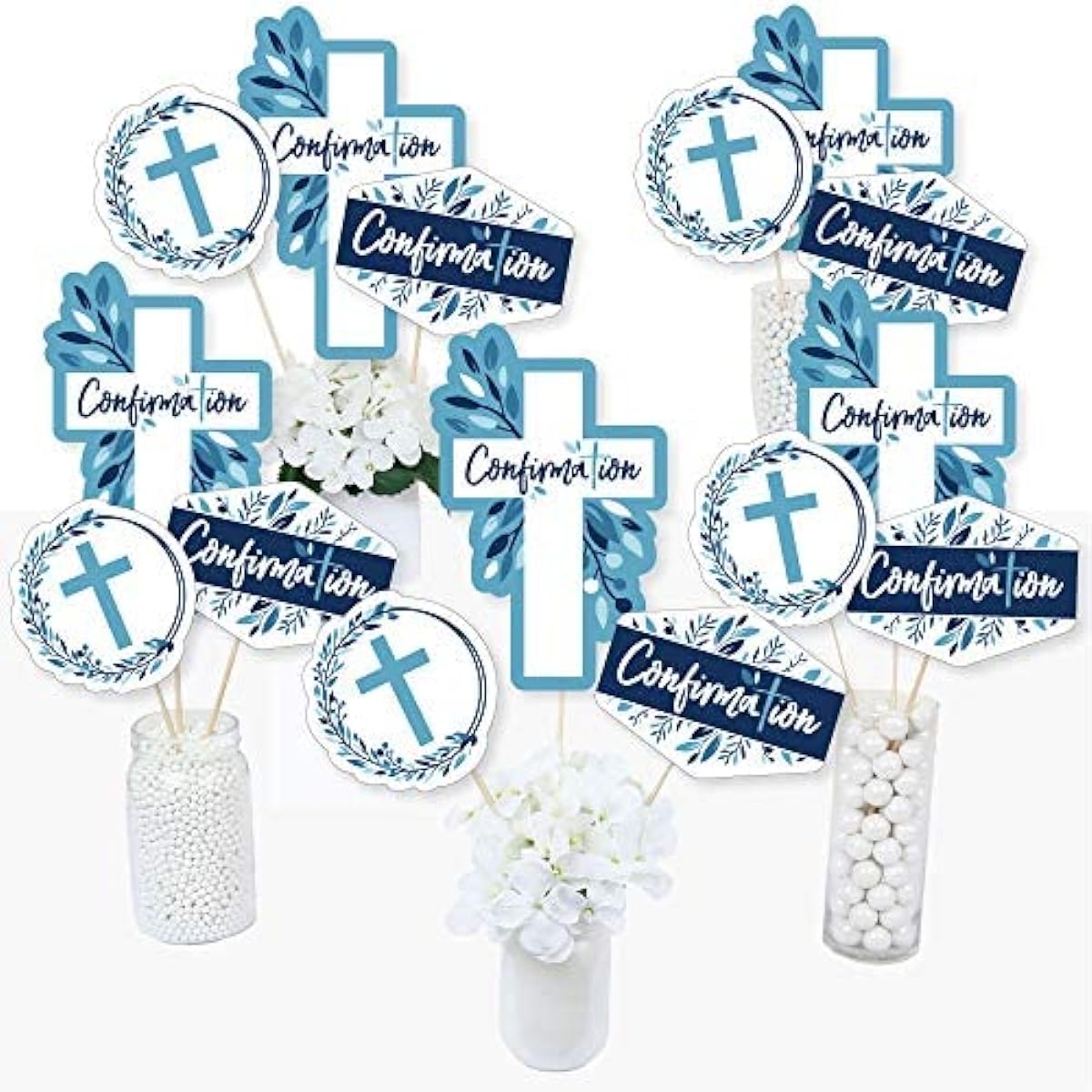 Confirmation Blue Elegant Cloth - Boys Religious Party Centerpiece Stick - Table Topper - Set of 15
