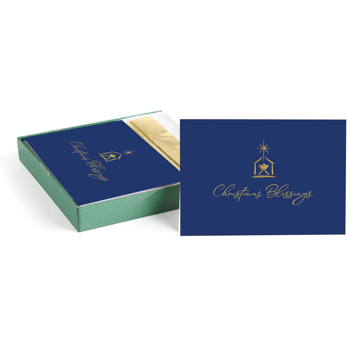 Masterpiece Christmas Blessing Cards / 15 Boxed Religious Nativity Manger Holiday Card Set with Gold Foil Accents and Matching Foil-Lined Envelopes / 5 5/8" x 7 7/8" Folded Christian Greeting Cards with Poem Inside