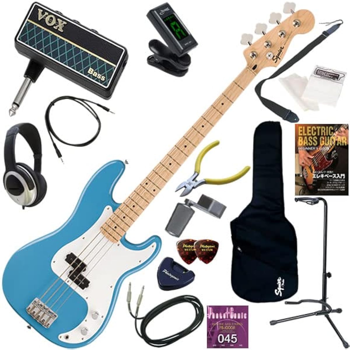 Squier electric bass beginner's 16-piece set including headphone bass amplifier amPlug2 Sonic Precision Bass/CAB (California Blue)