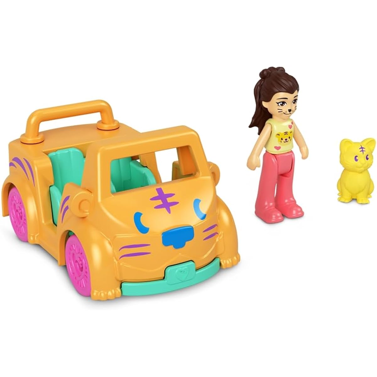 Polly Pocket Collectible Micro Mini Metal Vehicle Poseable Doll and Pet Set - Kirsty Kitty Cat Orange Convertible Car and Yellow Kitten Sidekick Playset