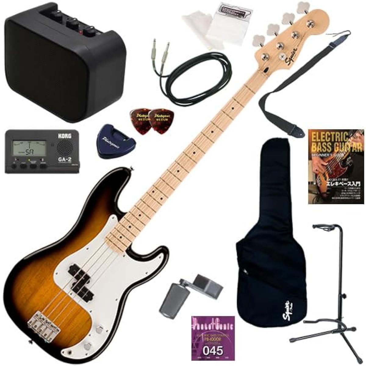 Squier electric bass beginner's guide: 13-piece set with mini amp and easy to use Sonic Precision Bass/2CS (2-color sunburst)