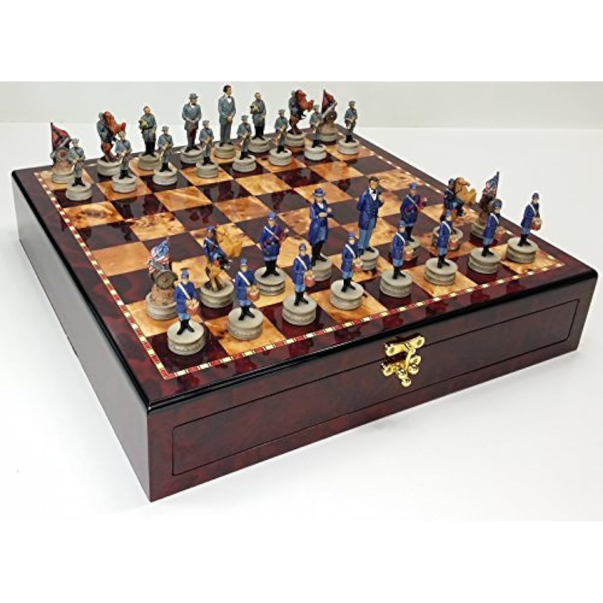 US American Civil War Chess Set W/ 17" High Cherry & Burlwood Color Gloss Storage Board