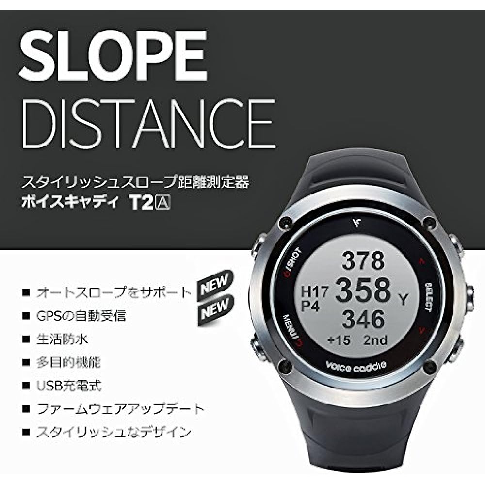 voice caddy Voice caddy T2A Black wristwatch type GPS golf navigation T2A Clock mode operating time: Approximately 30 days Materials: Body/Polycarbonate, Top ring/Stainless steel, Band/Silicon