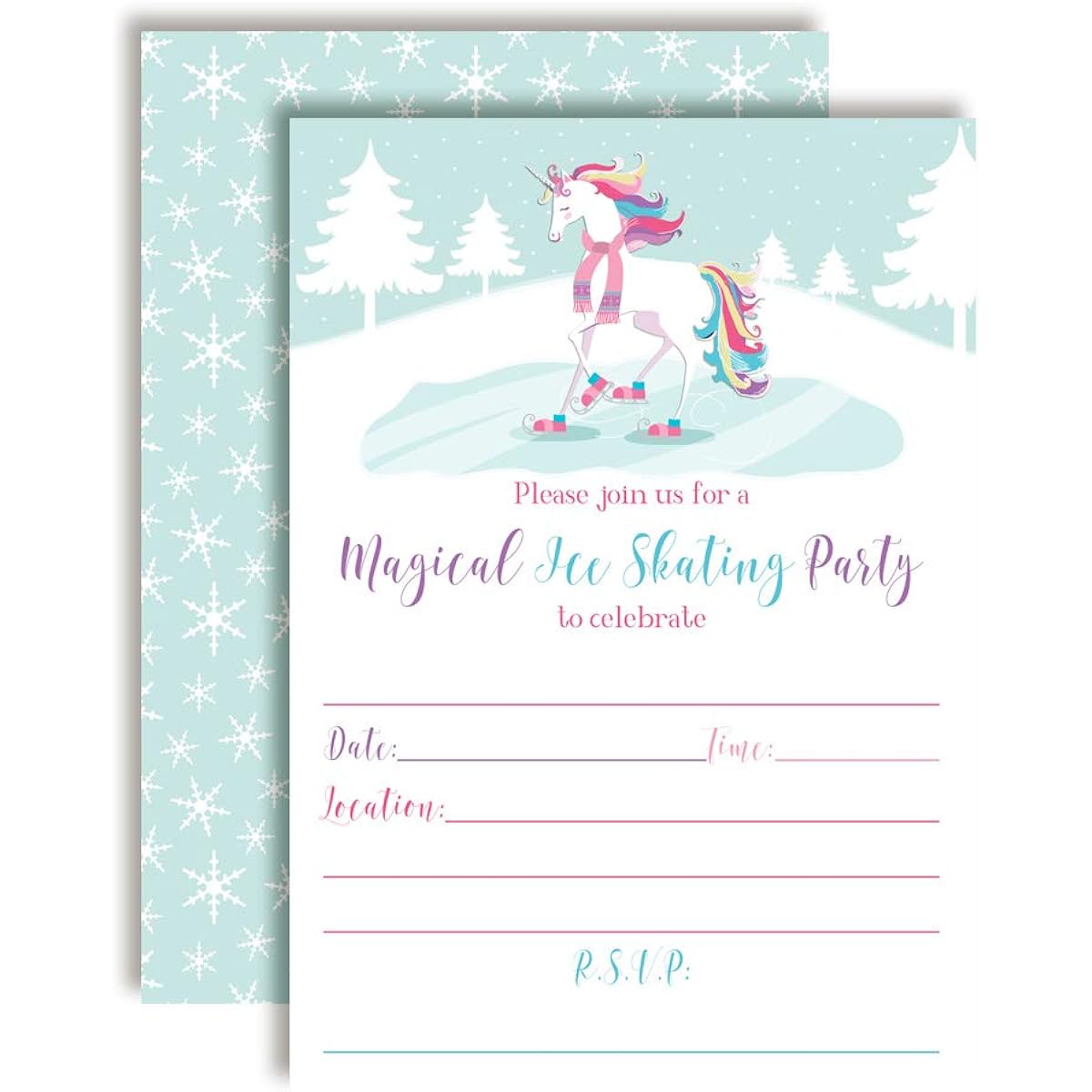 AmandaCreation Magical Unicorn Ice Skating Birthday Party Invitations 20 Count 5"x7" Fill In Cards 20 White Envelopes