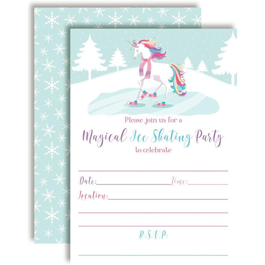 AmandaCreation Magical Unicorn Ice Skating Birthday Party Invitations 20 Count 5"x7" Fill In Cards 20 White Envelopes