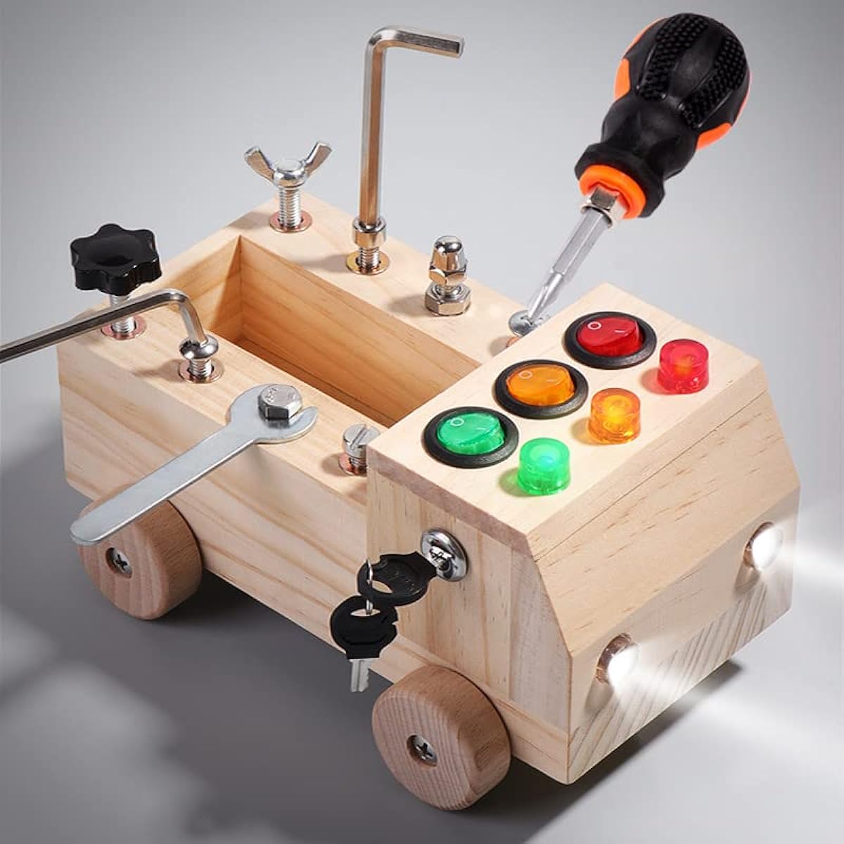 Montessori Car Driver Board Set, Car LED Busy Board Light Switch, Montessori for Toddlers, Wooden Busy Trucks, Kids Tool Set, Fine Motor Skills Activities, Sensory Educational Toys for Kids