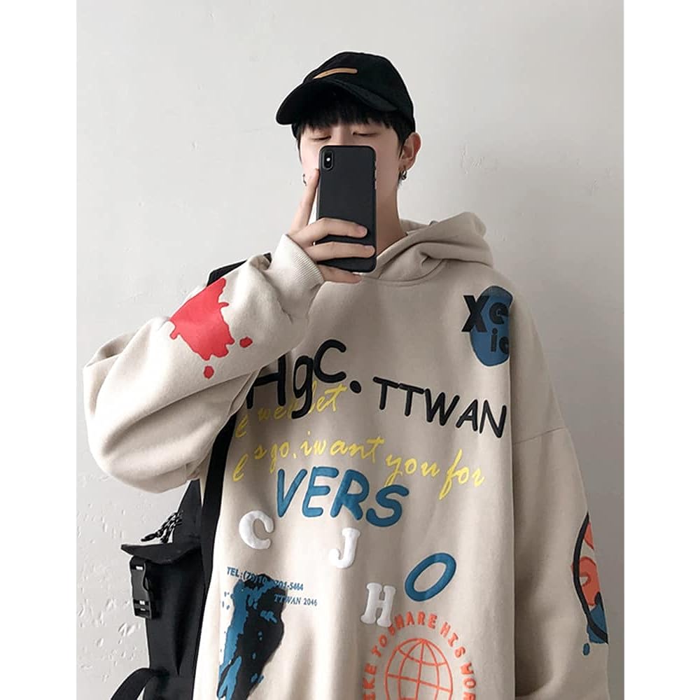 [foveitaa] Men's Hoodie, Long Sleeve Sweatshirt, Sweatshirt, Back Print, Loose Top, Casual, Stylish, Large Size, Hip Hop, Popular, Korean, Stylish, Spring Clothes, Autumn Clothes