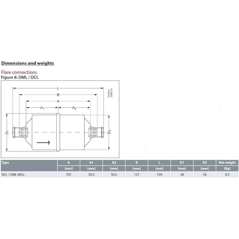 Danfoss Liquid Line Filter Dryer Dcl 083s 3/8" ODF 1-1.5 Ton Unidirectional 5-1/2" Length 2-1/4" Width 023Z5023
