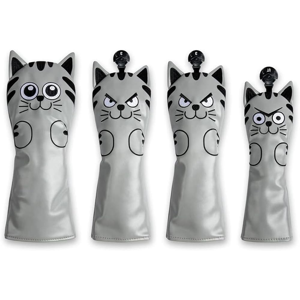 Golf head cover Driver cover 1 piece / Wood FW cover 2 pieces Utility UT cover 1 piece Conversion tag included 4 piece set Cat Cat White Black Gray
