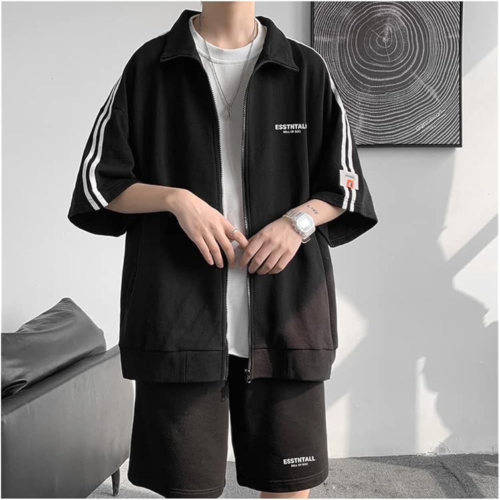 [ANGELCITY] Summer Short Sleeve Jersey, Men's Sweatshirt, Top and Bottom Set, Plain, Half Sleeves, Shorts, Setup, Open Front, Zipper Top, Shot Pants, 2 Piece Set, Summer Clothes, Autumn Clothes, Sportswear, Loungewear, Running Wear, Large Size L283