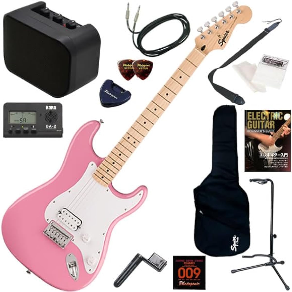 Squier electric guitar beginner's set, non-tremolo model, easy 13-piece set with mini amp, Sonic Stratocaster HT H/FLP (Flash Pink)