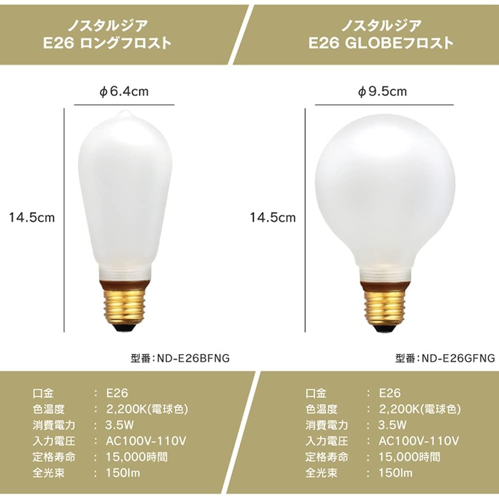 [Set of 2] E26 Dimmer Compatible Edison Bulb LED Bulb Nostalgia (GLOBE Frost) Set of 2 150lm 2200K Bulb Color Edison Bulb Bare Bulb