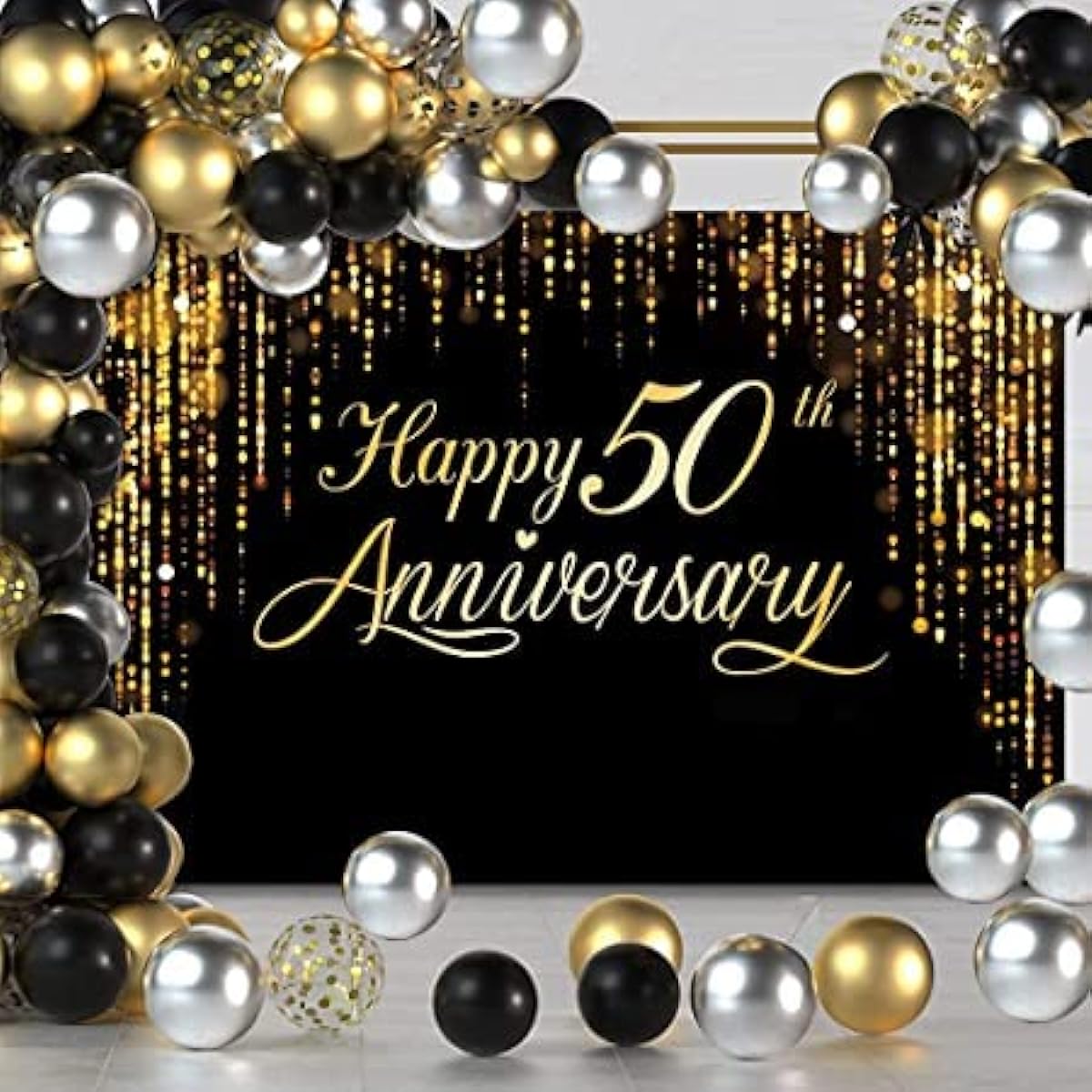 Happy 50th Anniversary Party Decoration Backdrop Black Gold Glitter Bokeh Dots Wedding Anniversary Party Photo Backdrop Cake Table Banner Extra Large Wall Decor Props (73" x 50") - 57