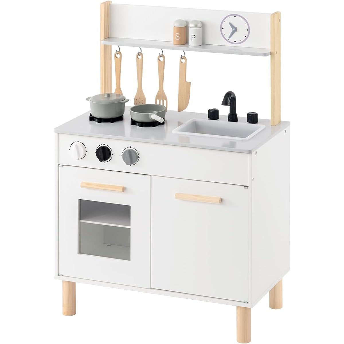 Bon Furniture Play House Kitchen Wooden Cooking Utensils 8 Piece Set Educational Toy Kitchen Mini Kitchen Copy Toy Children's Present Gray