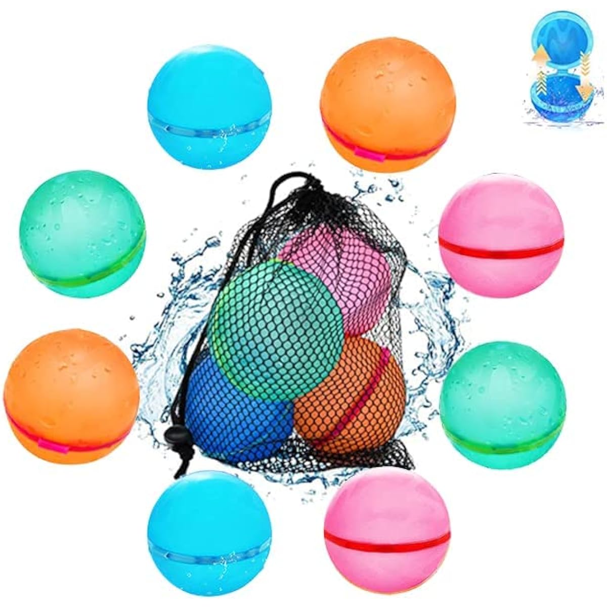 Reusable Water Balloons for Kids and Adults, Quick Refillable, Self-Sealing Silicone Water Bombs, Splash Balls for Summer Pool Party, Water Fight Game with Friends, Swimming Pool Toys (8 Pieces)