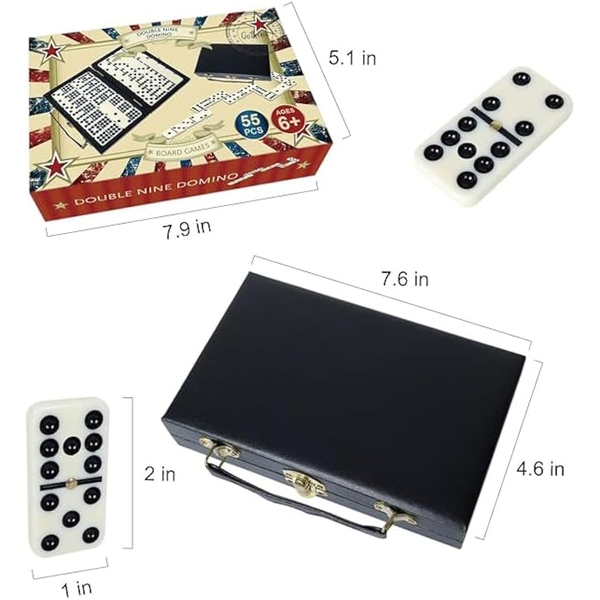 GOTHINK Double Nine Domino 55 Tiles Dots Domino Game Set with Leather Box, Classic Family Board Game for Kids/Adults/Family, 2-6 Players