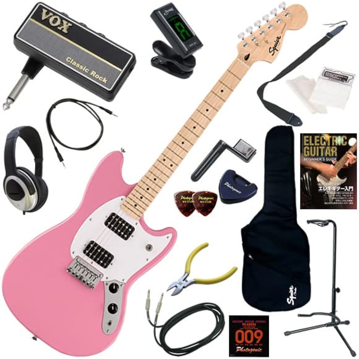 Squier electric guitar beginner's guide short scale 16-piece set including headphone guitar amplifier amPlug2 Sonic Mustang HH/FLP (Flash Pink)