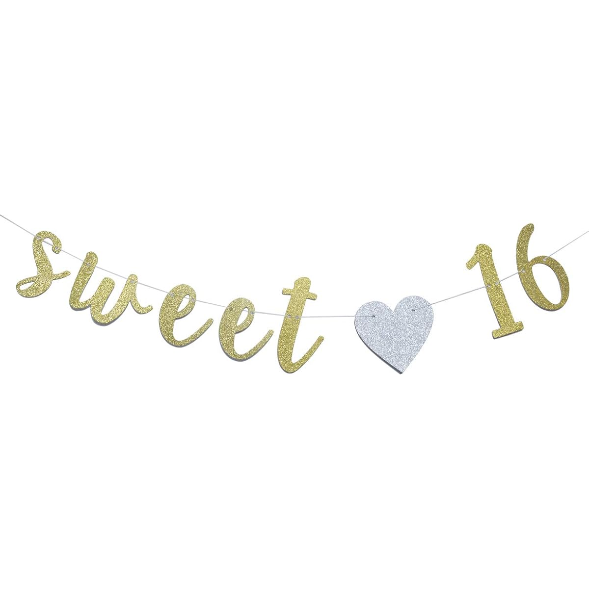 Sweet 16 Banner Gold Glitter with Hearts 16th Birthday Party Decorations Supplies with String Cursive Flags Photo Booth Props Signs (Gold & Silver)