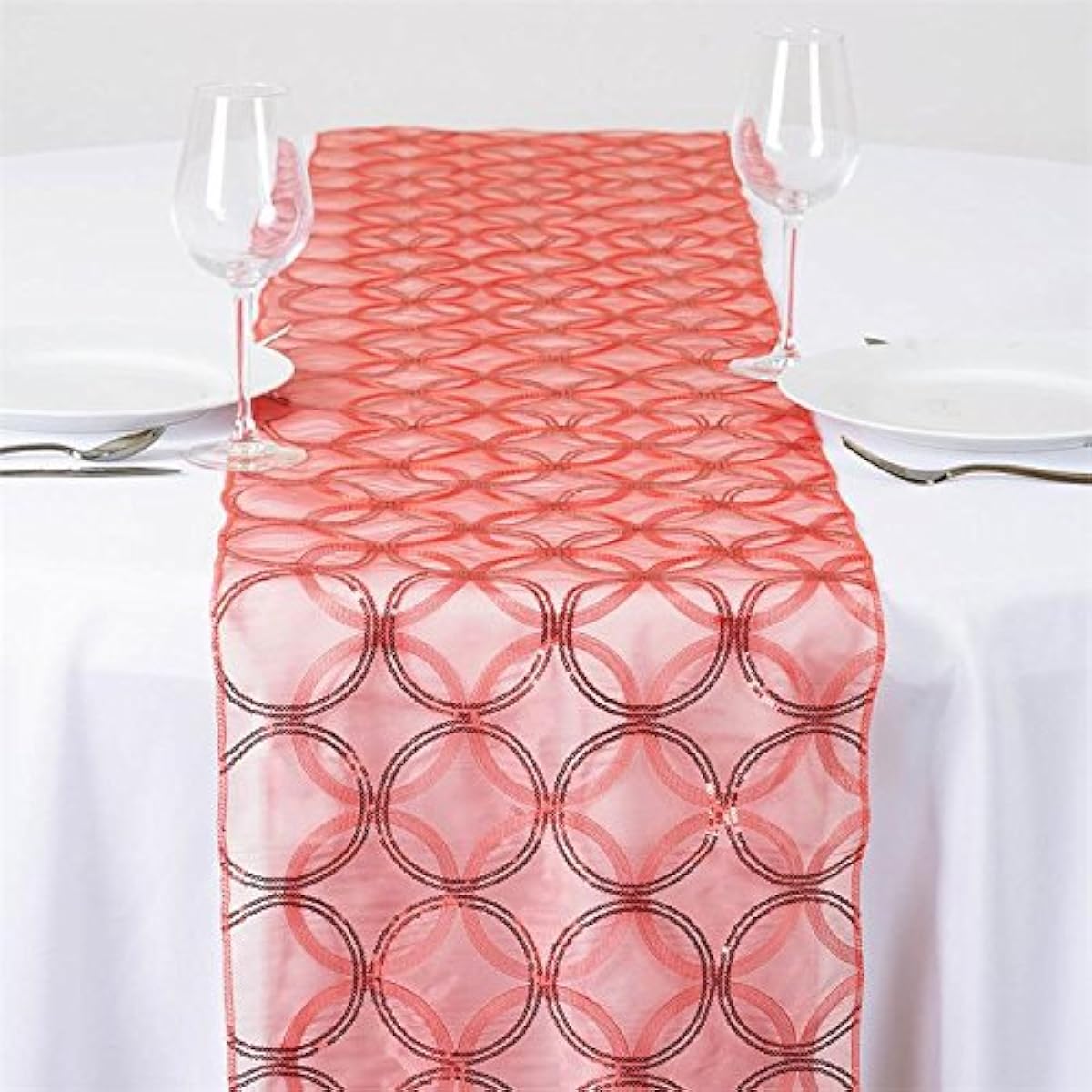 BalsaCircle 14"x108" Organza Table Runner with Sequin Circles, Orange RUN_41_032@001
