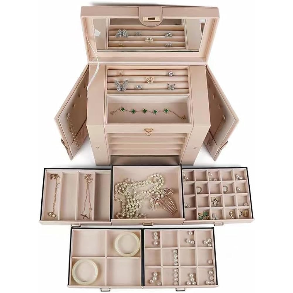 SANSREPONSE Jewelry Accessories Storage Box, Jewelry Box, Drawer, Large Capacity, 6 Tiers, Stainless Steel Tray Gift, Includes Mirror, Earrings, Necklace, Ring Holder, All 3 Colors (Light Pink)