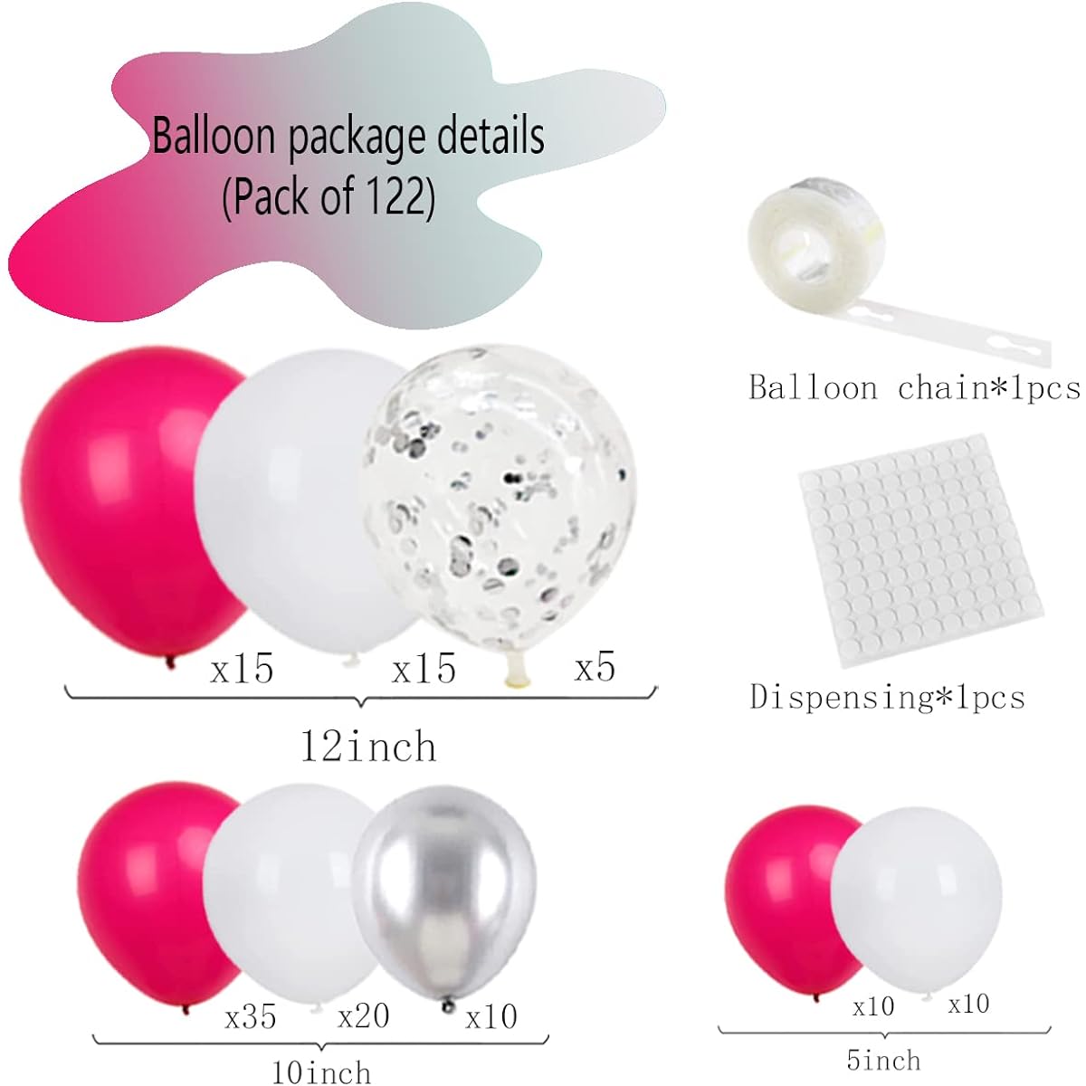 Hot Pink Silver White Balloon Garland Arch Kit - 122pcs Rose Red White Metallic Silver Hot Pink Balloons for Birthday Wedding Baby Bridal Shower Anniversary Bachelorette Engagement Decorations